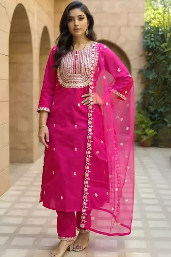 Women Ethnic Motifs Embroidered Regular Thread Work Kurta with Trousers & With Dupatta