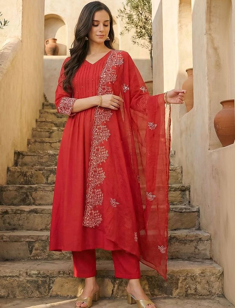 Women Ethnic Motifs Regular Thread Work Kurta with Trousers & With Dupatta