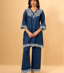 Women Ethnic Motifs Embroidered Regular Thread Work Linen Kurta with Palazzos