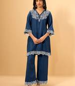 Women Ethnic Motifs Embroidered Regular Thread Work Linen Kurta with Palazzos