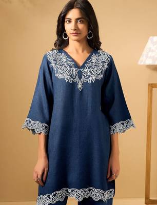 Women Ethnic Motifs Embroidered Regular Thread Work Linen Kurta with Palazzos 6