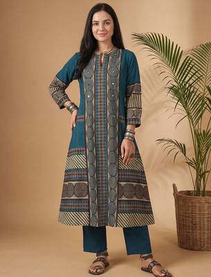 Women Printed Regular Mirror Work Pure Cotton Kurta with Trousers 1