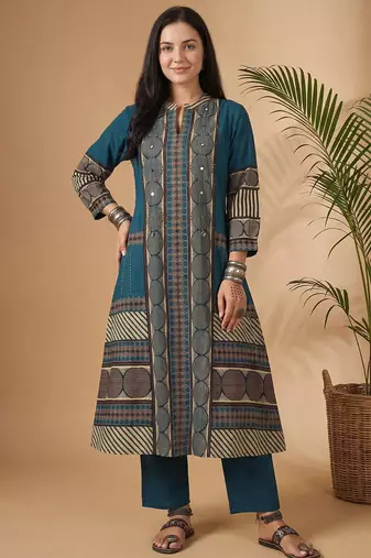 Women Printed Regular Mirror Work Pure Cotton Kurta with Trousers