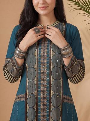 Women Printed Regular Mirror Work Pure Cotton Kurta with Trousers 2
