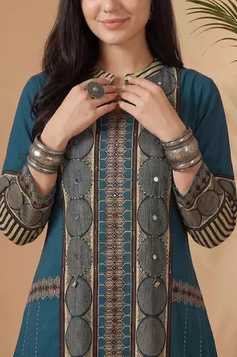 Women Printed Regular Mirror Work Pure Cotton Kurta with Trousers