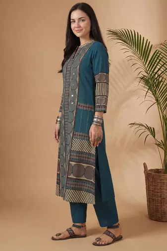 Women Printed Regular Mirror Work Pure Cotton Kurta with Trousers
