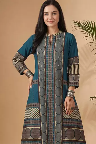 Women Printed Regular Mirror Work Pure Cotton Kurta with Trousers