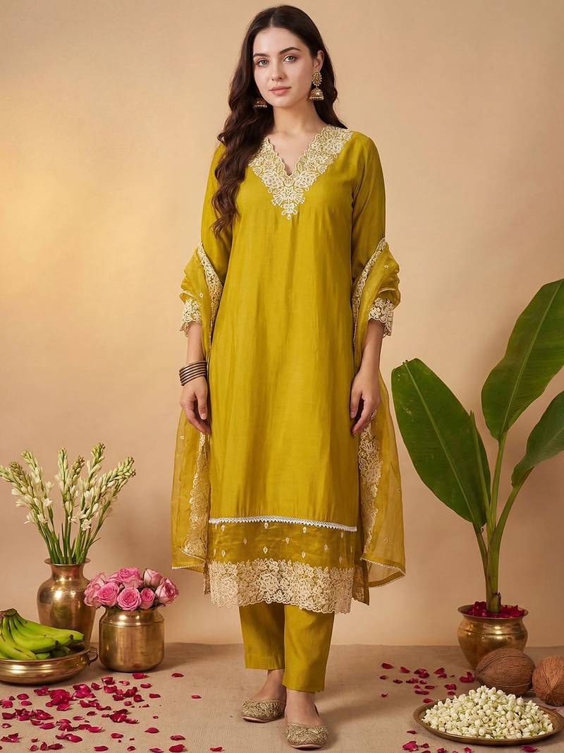 Women Floral Embroidered Regular Thread Work Kurta with Trousers & With Dupatta