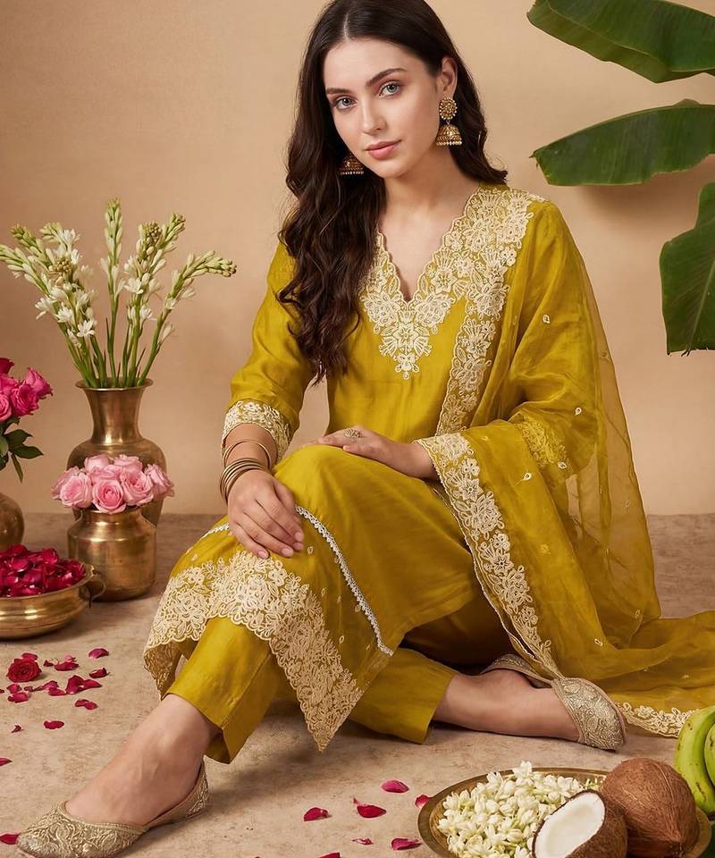 Women Floral Embroidered Regular Thread Work Kurta with Trousers & With Dupatta