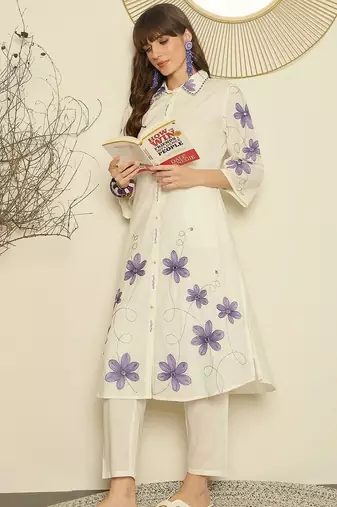 Women Floral Embroidered Regular Thread Work Pure Cotton Kurta with Trousers
