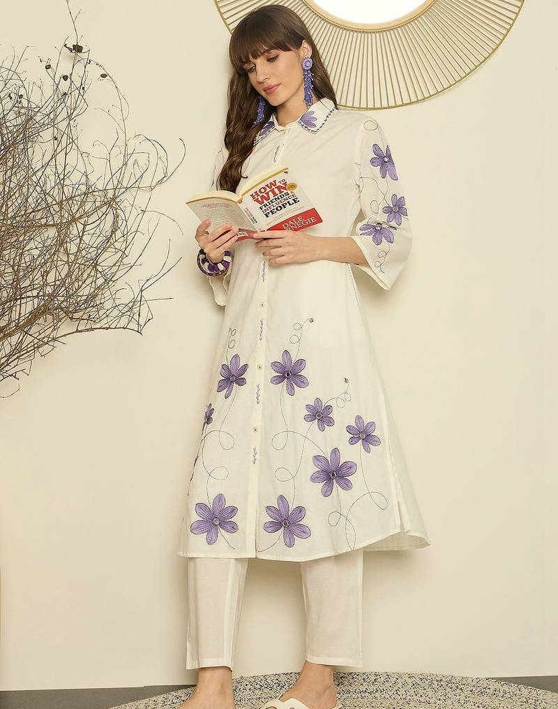 Women Floral Embroidered Regular Thread Work Pure Cotton Kurta with Trousers