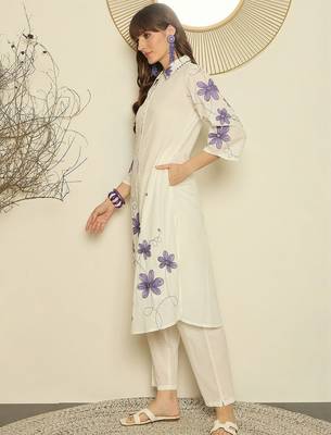 Women Floral Embroidered Regular Thread Work Pure Cotton Kurta with Trousers 3