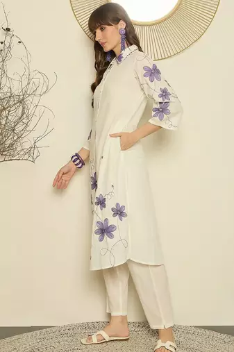 Women Floral Embroidered Regular Thread Work Pure Cotton Kurta with Trousers