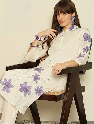 Women Floral Embroidered Regular Thread Work Pure Cotton Kurta with Trousers 5