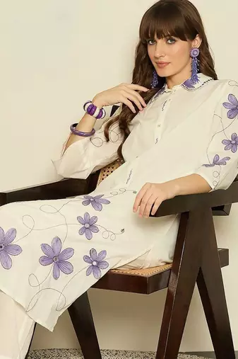 Women Floral Embroidered Regular Thread Work Pure Cotton Kurta with Trousers