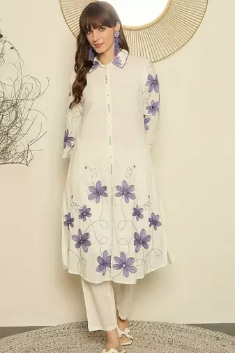 Women Floral Embroidered Regular Thread Work Pure Cotton Kurta with Trousers