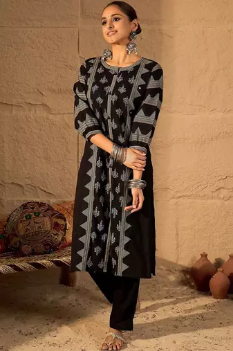 Women Ethnic Motifs Printed Regular Mirror Work Pure Cotton Kurta with Trousers