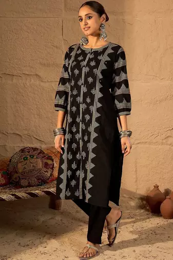 Women Ethnic Motifs Printed Regular Mirror Work Pure Cotton Kurta with Trousers