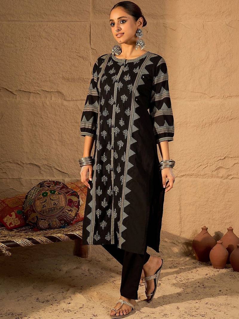 Women Ethnic Motifs Printed Regular Mirror Work Pure Cotton Kurta with Trousers