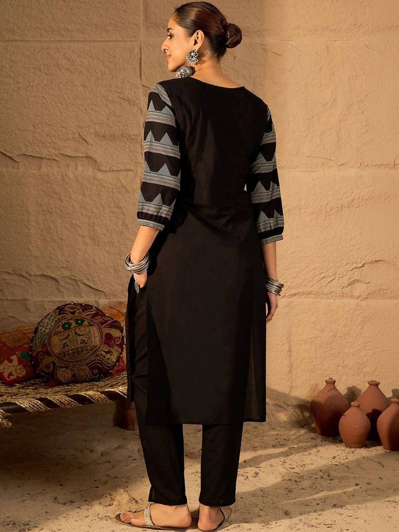 Women Ethnic Motifs Printed Regular Mirror Work Pure Cotton Kurta with Trousers
