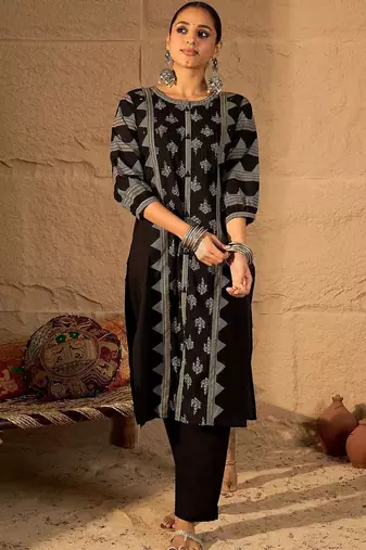 Women Ethnic Motifs Printed Regular Mirror Work Pure Cotton Kurta with Trousers