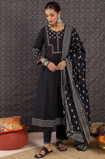 Women Ethnic Motifs Printed Regular Sequinned Pure Cotton Kurta with Trousers & With Dupatta