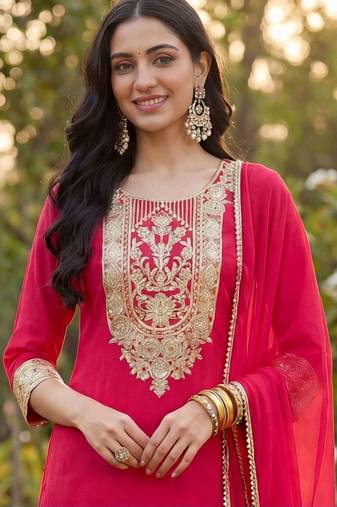 Women Ethnic Motifs Embroidered Regular Kurta with Trousers & With Dupatta