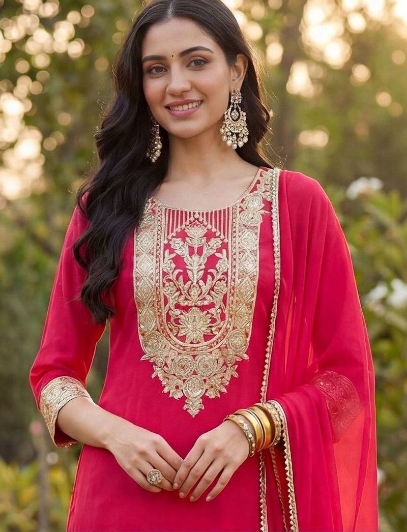 Women Ethnic Motifs Embroidered Regular Kurta with Trousers & With Dupatta