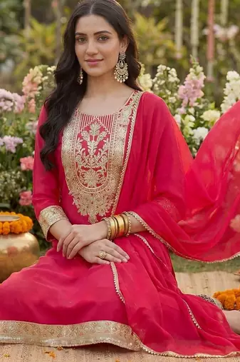 Women Ethnic Motifs Embroidered Regular Kurta with Trousers & With Dupatta