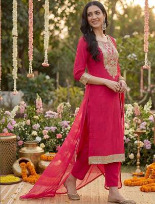 Women Ethnic Motifs Embroidered Regular Kurta with Trousers & With Dupatta 3