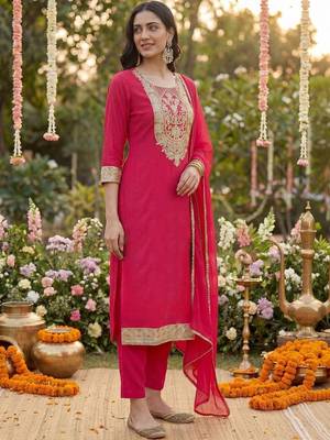 Women Ethnic Motifs Embroidered Regular Kurta with Trousers & With Dupatta 5