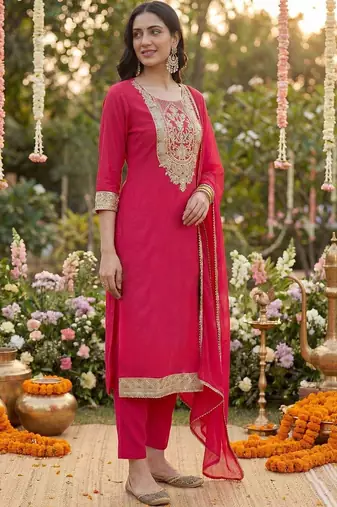 Women Ethnic Motifs Embroidered Regular Kurta with Trousers & With Dupatta
