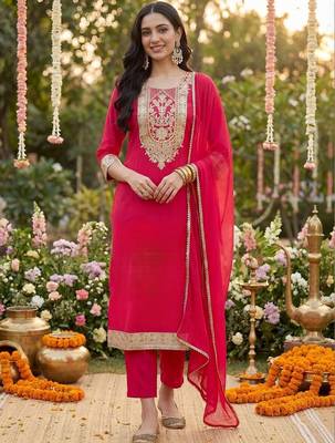 Women Ethnic Motifs Embroidered Regular Kurta with Trousers & With Dupatta 6