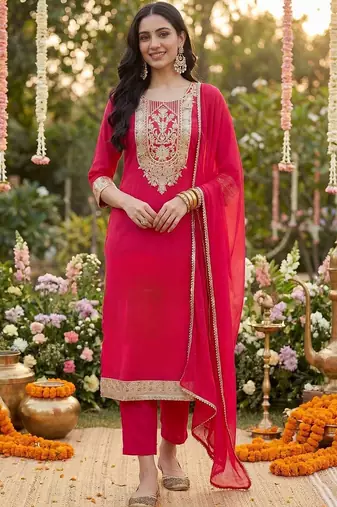 Women Ethnic Motifs Embroidered Regular Kurta with Trousers & With Dupatta