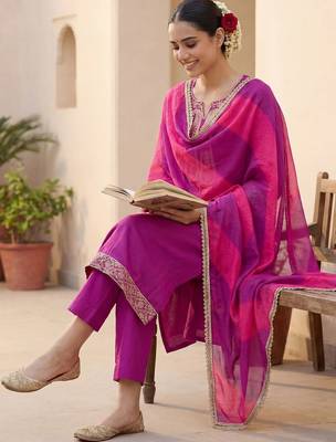 Women Ethnic Motifs Embroidered Regular Thread Work Kurta with Trousers & With Dupatta 1
