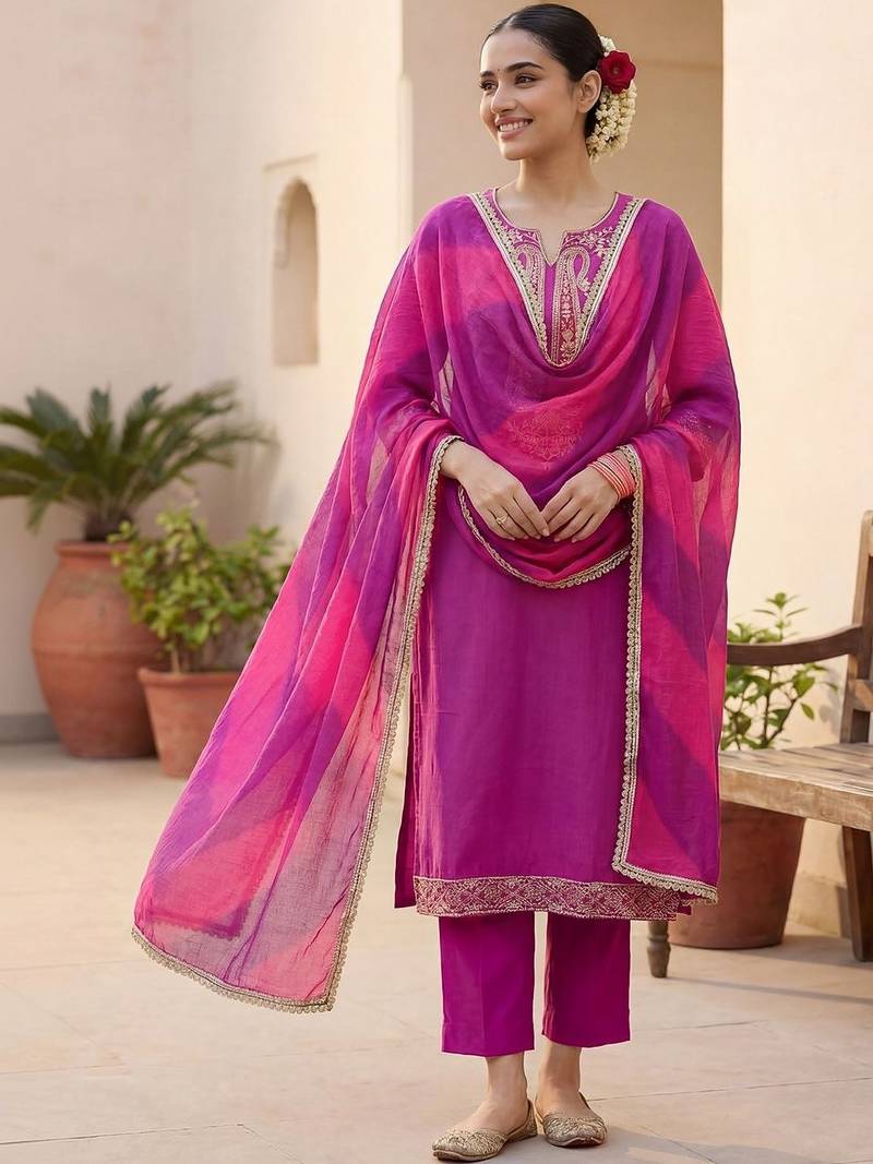 Women Ethnic Motifs Embroidered Regular Thread Work Kurta with Trousers & With Dupatta