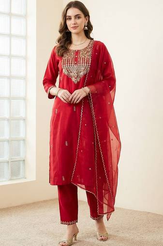 Women Ethnic Motifs Embroidered Regular Thread Work Liva Kurta with Trousers & With Dupatta