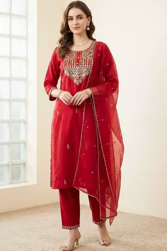 Women Ethnic Motifs Embroidered Regular Thread Work Liva Kurta with Trousers & With Dupatta