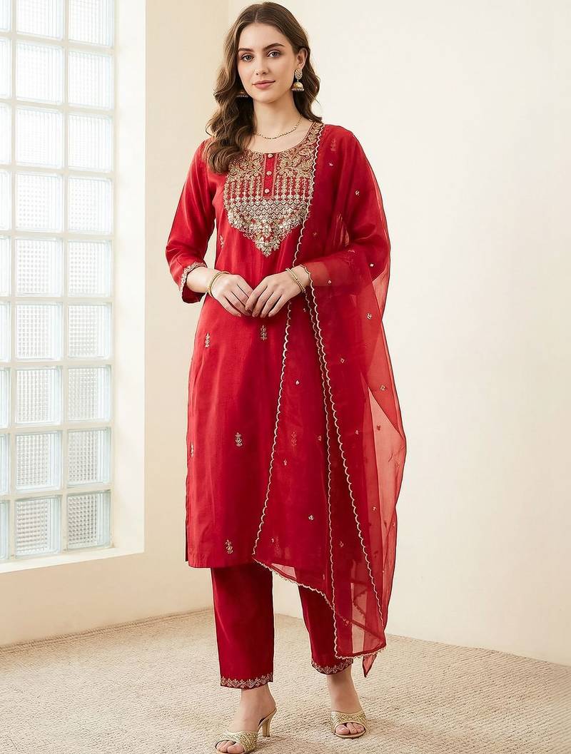 Women Ethnic Motifs Embroidered Regular Thread Work Liva Kurta with Trousers & With Dupatta
