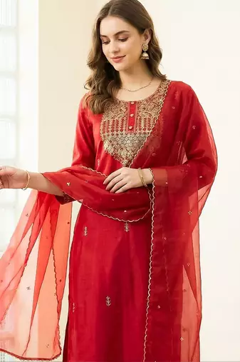 Women Ethnic Motifs Embroidered Regular Thread Work Liva Kurta with Trousers & With Dupatta