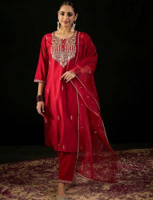 Women Ethnic Motifs Embroidered Regular Thread Work Liva Kurta with Trousers & With Dupatta 7