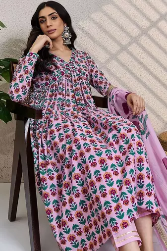 Women Floral Printed Empire Gotta Patti Pure Cotton Kurta with Trousers & With Dupatta