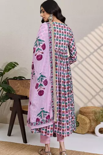 Women Floral Printed Empire Gotta Patti Pure Cotton Kurta with Trousers & With Dupatta