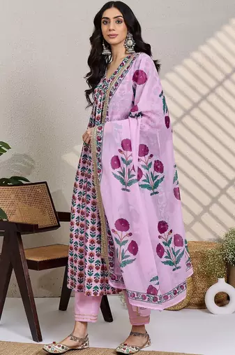 Women Floral Printed Empire Gotta Patti Pure Cotton Kurta with Trousers & With Dupatta
