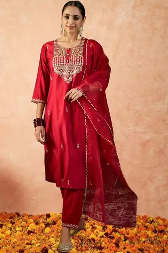 Women Ethnic Motifs Embroidered Regular Sequinned Liva Kurta with Trousers & With Dupatta