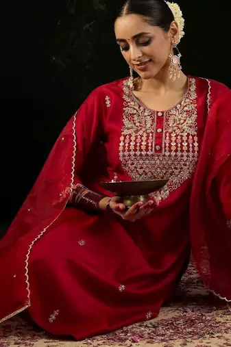 Women Ethnic Motifs Embroidered Regular Sequinned Liva Kurta with Trousers & With Dupatta