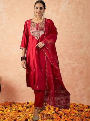 Women Ethnic Motifs Embroidered Regular Sequinned Liva Kurta with Trousers & With Dupatta 1