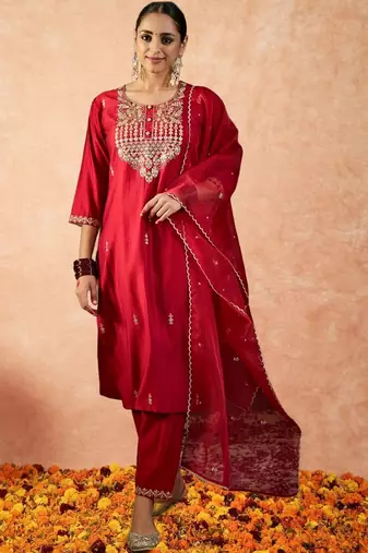 Women Ethnic Motifs Embroidered Regular Sequinned Liva Kurta with Trousers & With Dupatta