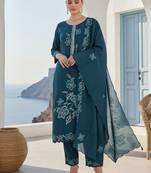 Floral Embroidered Round Neck Thread Work Straight Kurta & Trousers With Dupatta