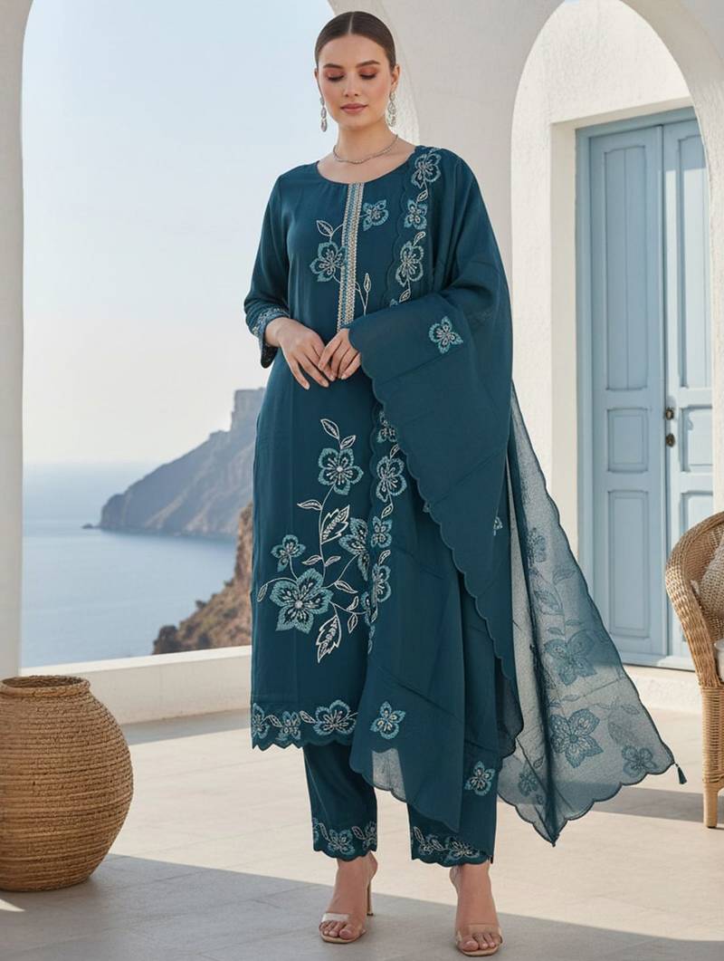 Floral Embroidered Round Neck Thread Work Straight Kurta & Trousers With Dupatta